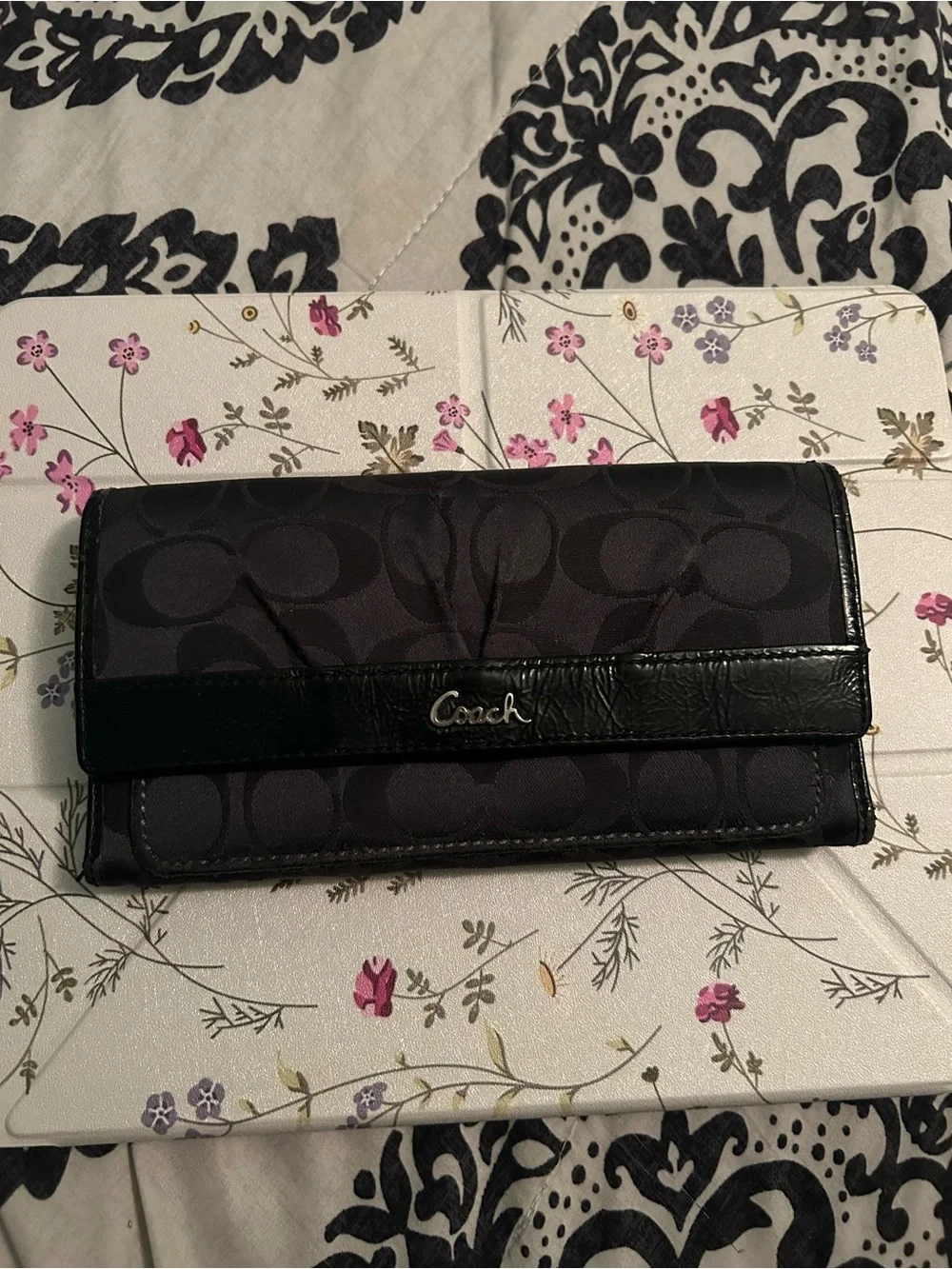 Coach Black Signature Fold Wallet with Leather Trim